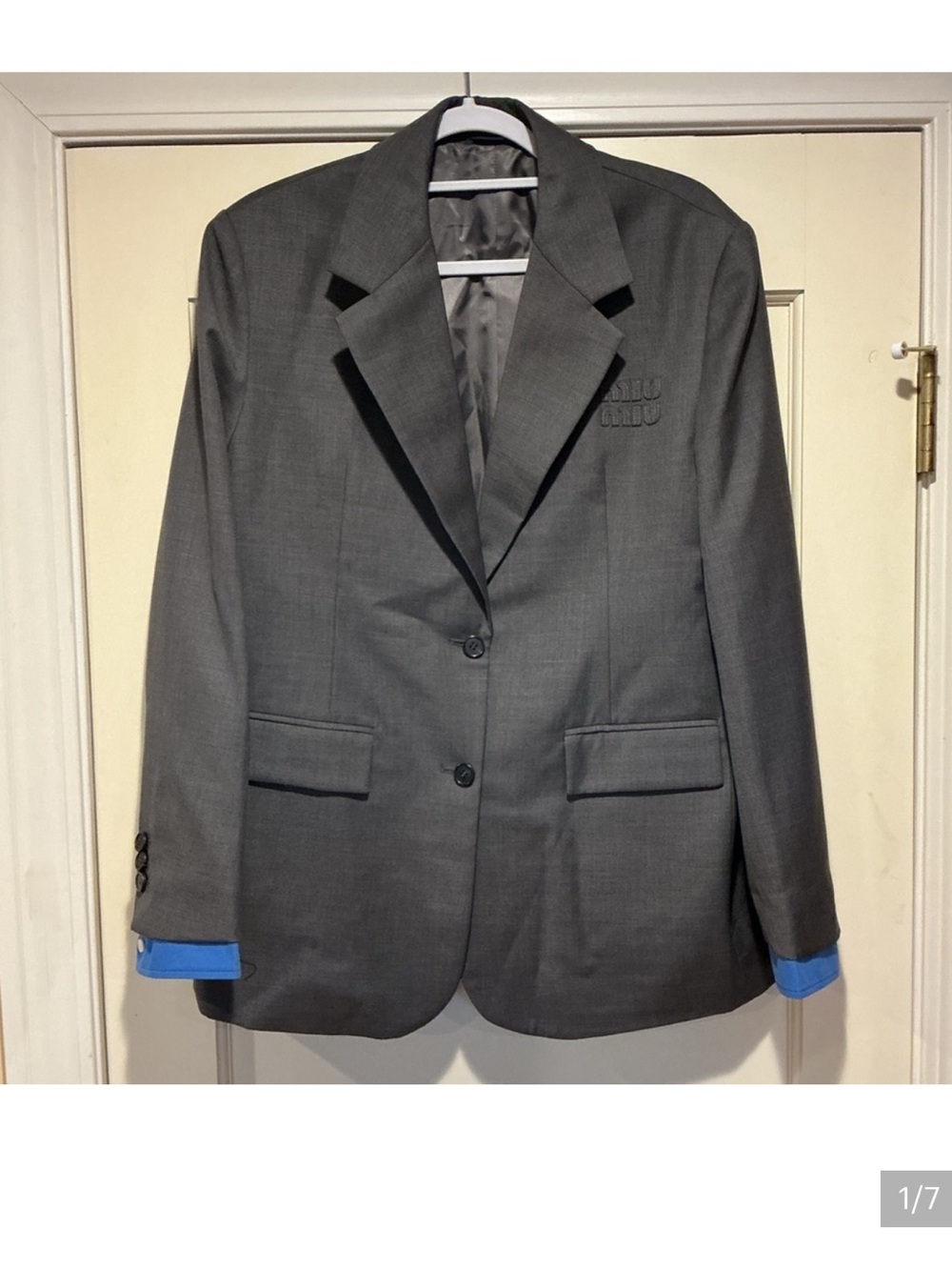NWOT Miu Miu Gray Blazer with Blue Accents, Size L/40